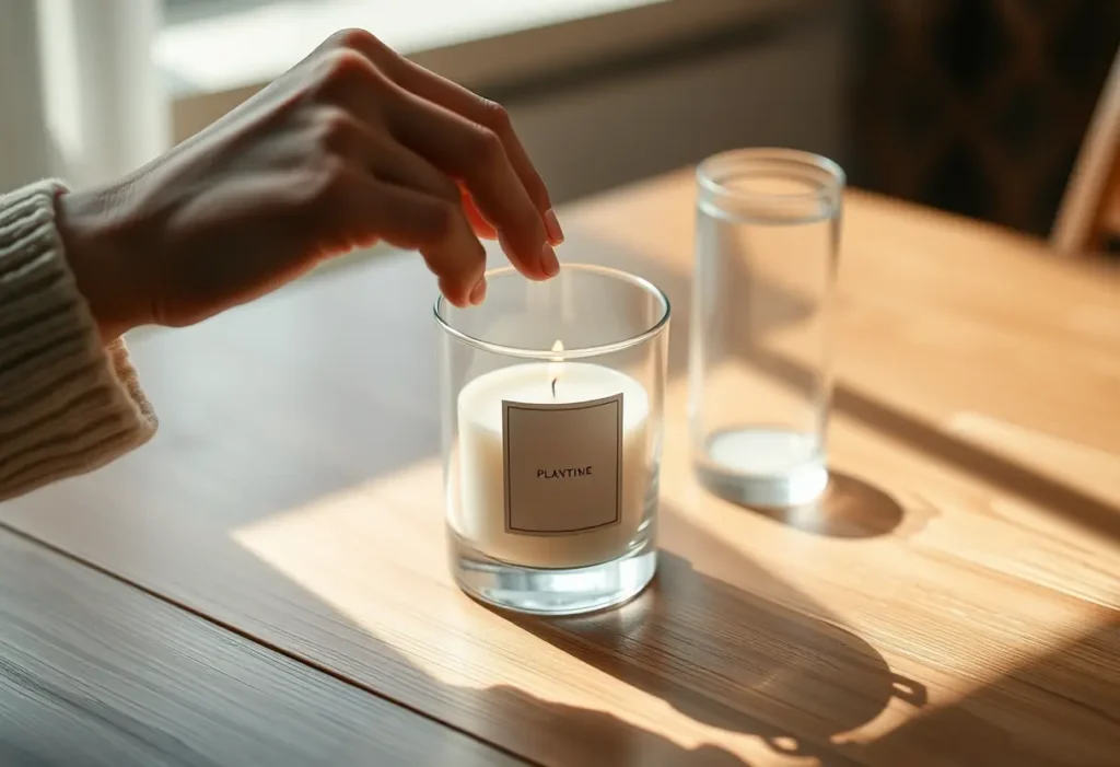 Une main féminine pose délicatement une bougie parfumée dans un porte-bougies en verre, ambiance chaleureuse pour célébrer soi-même