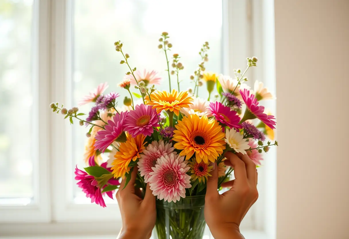 Des mains disposant un bouquet de fleurs dans un vase en verre transparent, lumière du soleil mettant en valeur les couleurs vives et les textures des fleurs