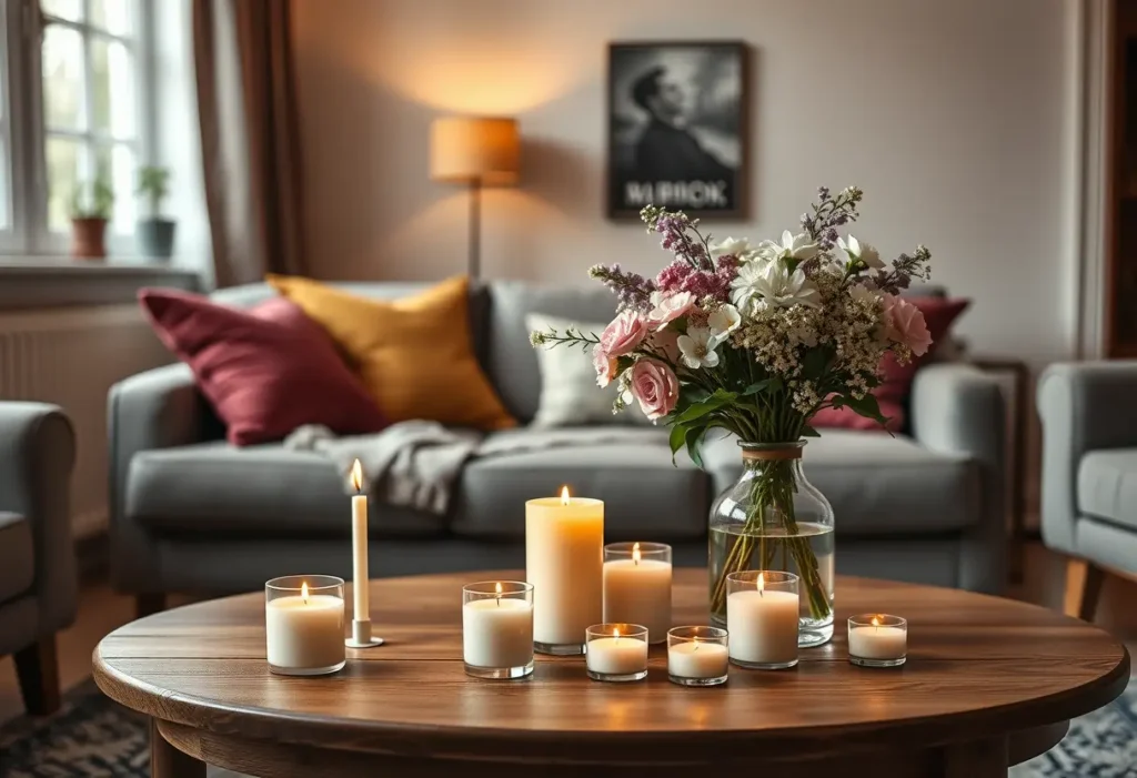 Un salon accueillant avec des bougies parfumées et des fleurs fraîches
