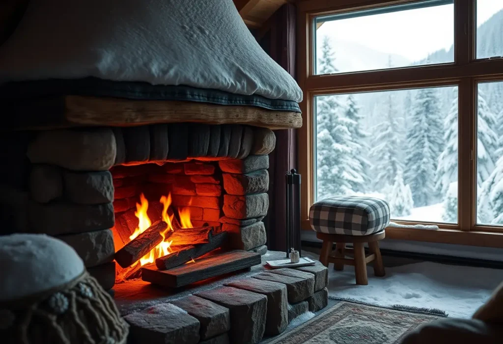 Chalet de montagne avec un feu de bois dans la cheminée