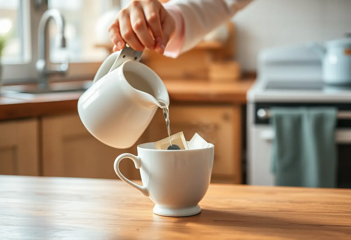 Mains versant de l'eau chaude sur des sachets de thé dans une tasse de porcelaine blanche