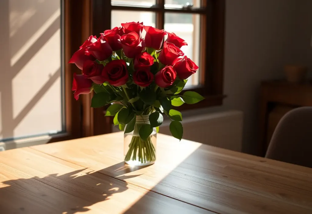 Bouquet de roses rouges sur une table en bois, lumière naturelle
