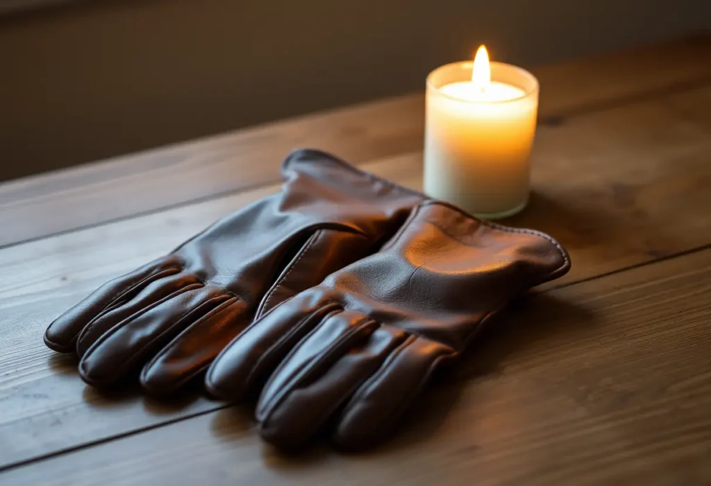 Un gant de cuir sur une table en bois près d'une bougie allumée, évoquant la douceur de l'amour.