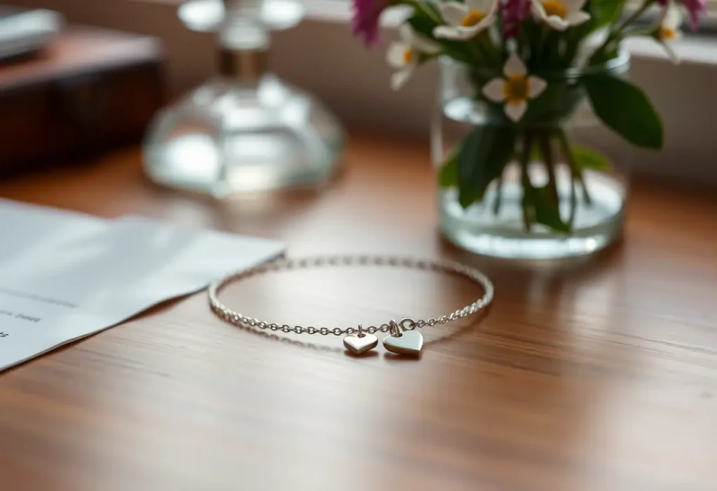 Un bracelet en argent fin avec un pendentif en forme de cœur posé sur un bureau, près d’une petite vasque de fleurs.