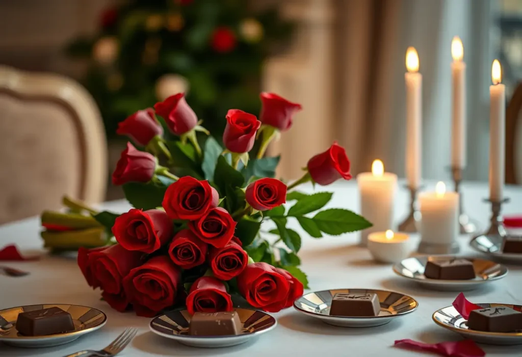 Un bouquet de roses rouges sur une table, entouré de chocolats.