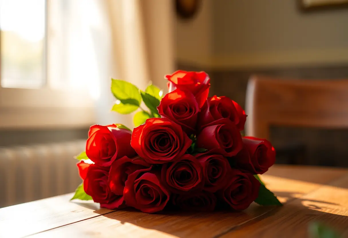 Bouquet de roses rouges sur une table en bois, éclairées par la lumière du matin, symbolisant l'amour