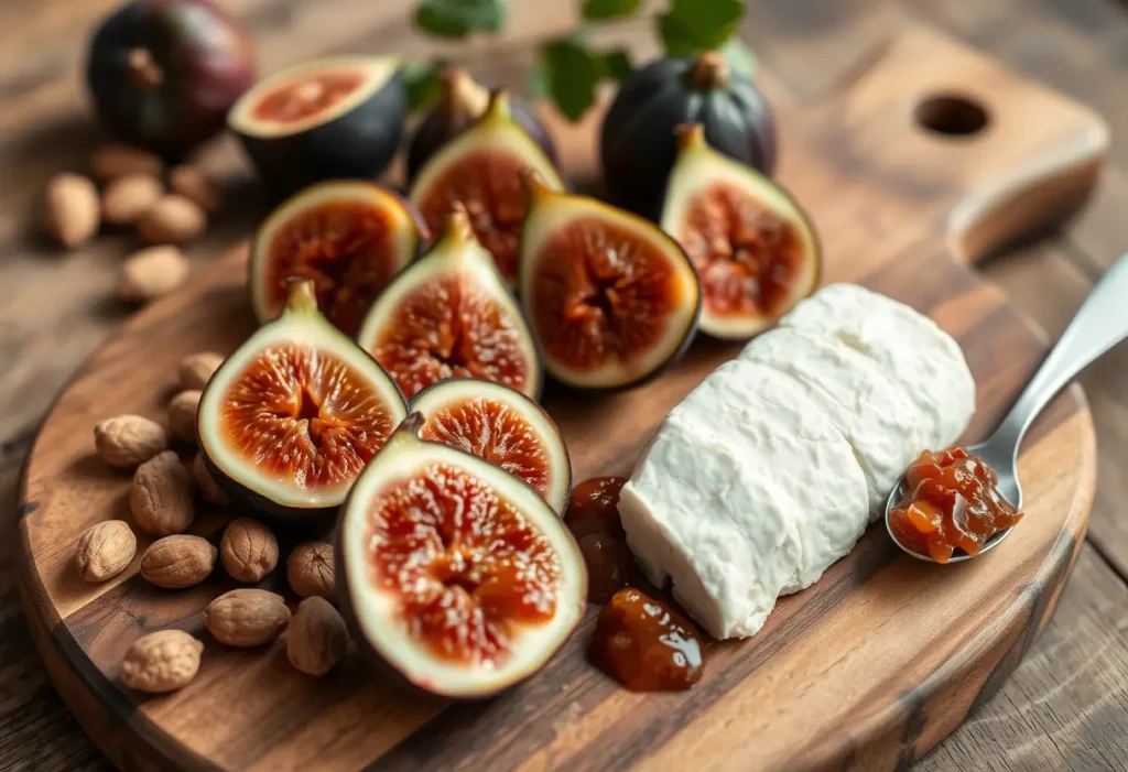 Un plateau de bois garni de figues et de fromage de chèvre frais, avec des noix et une cuillère de chutney de figue maison