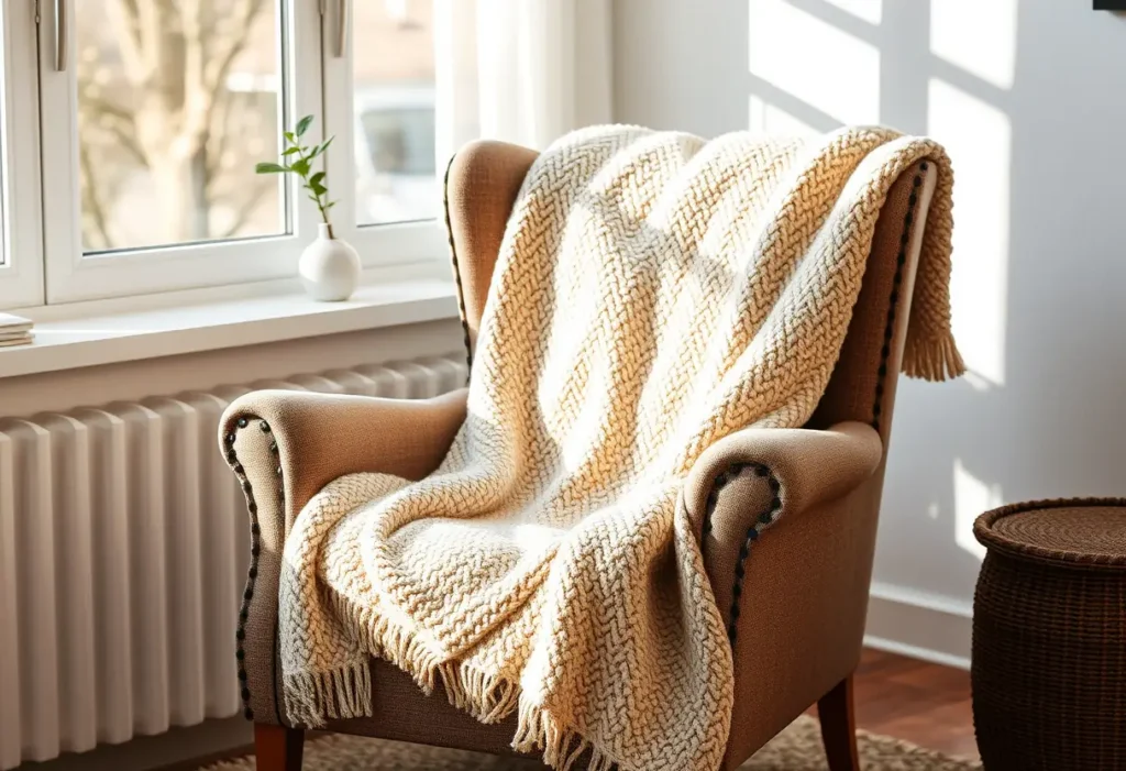 Un fauteuil confortable recouvert d'une couverture moelleuse dans un salon