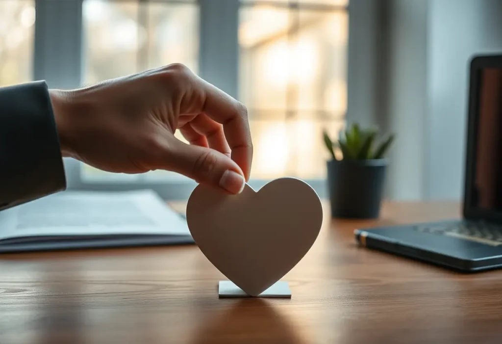 Une main ajuste un poids en papier en forme de cœur sur un bureau, un geste de réflexion sur la Saint-Valentin