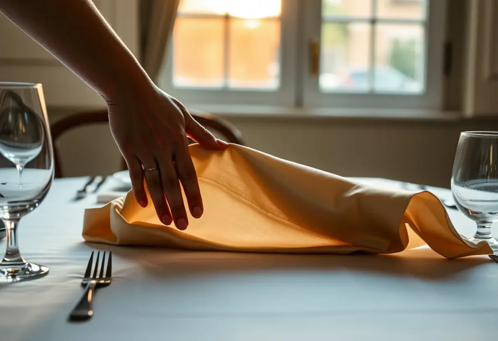 Une main féminine ajuste délicatement un chemisier soyeux sur une table dressée pour deux.
