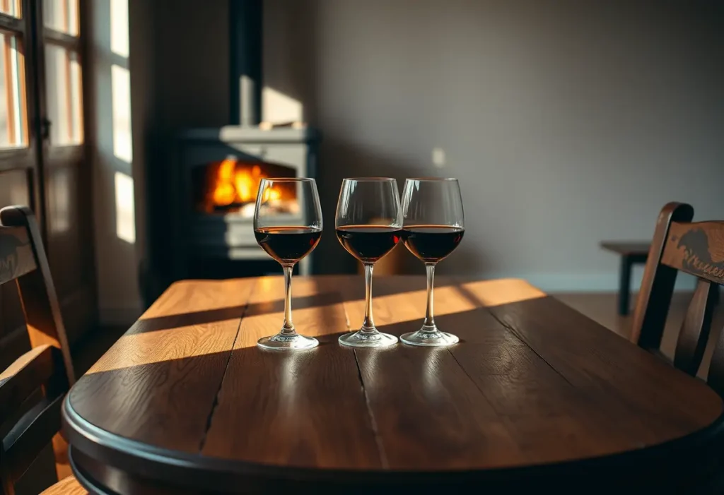 Un couvert pour deux personnes avec deux verres de vin rouge, éclairés par une cheminée
