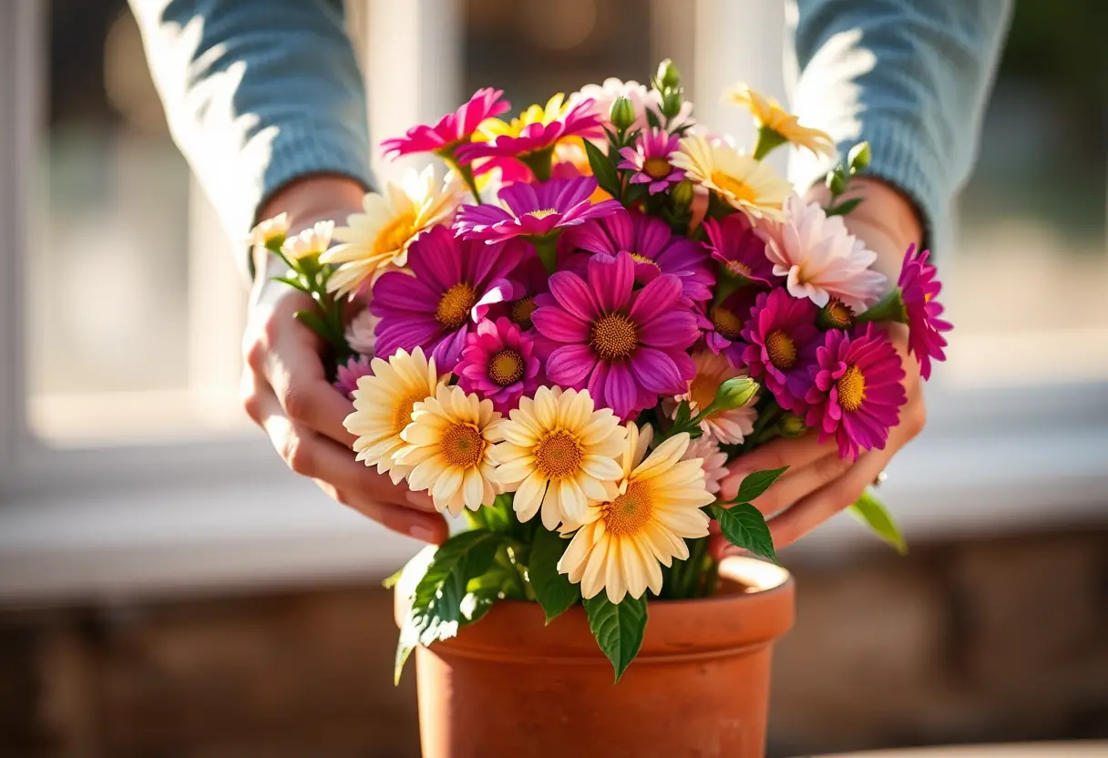 Des mains mettant une gerbe de fleurs dans un pot en argile, éclairées par le soleil matinal