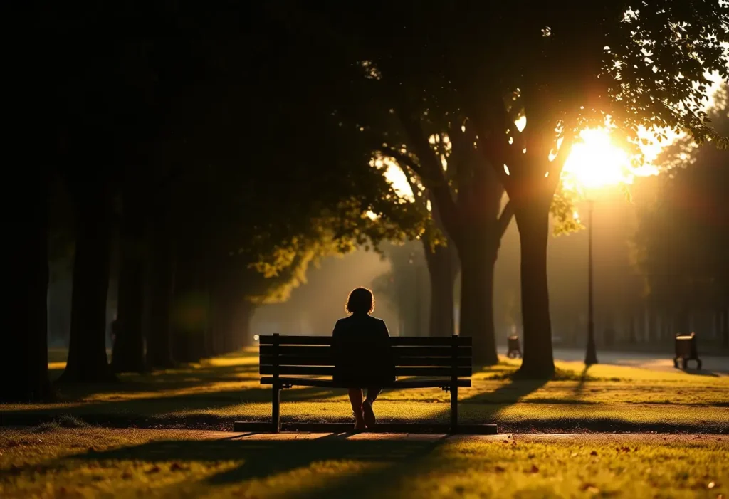 Un profil d'une personne sur un banc de parc