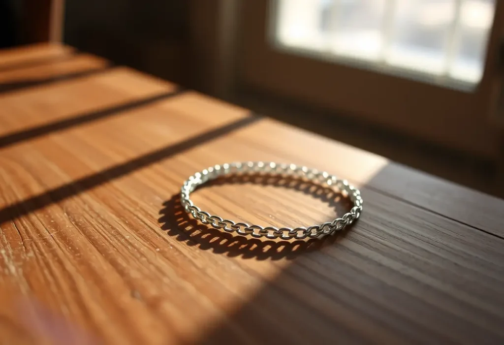 Bracelet en argent posé sur une table, lumière naturelle mettant en valeur sa beauté subtile