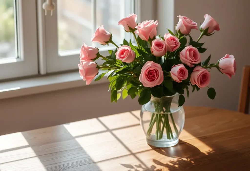 Un vase contenant des roses roses sur une table en bois, lumière douce
