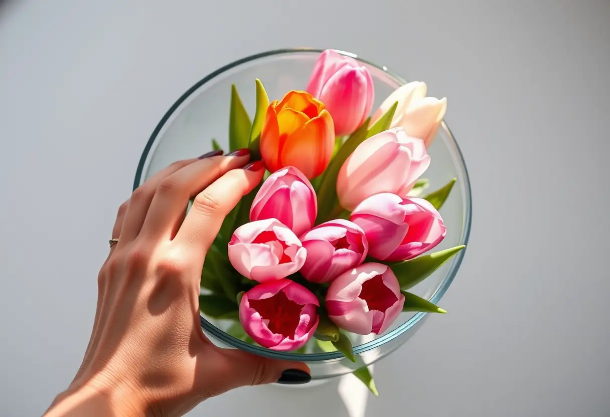 Une main arrangeant des tulipes dans un bol en verre transparent, lumière naturelle