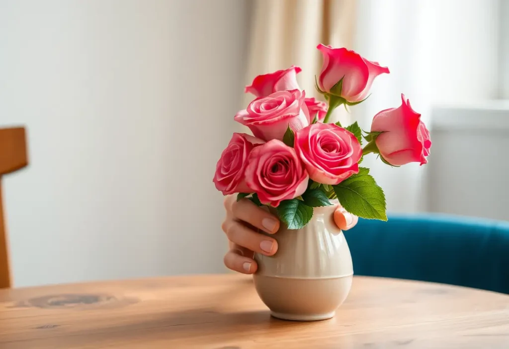 Une main féminine tenant un vase en porcelaine avec des roses fraîches