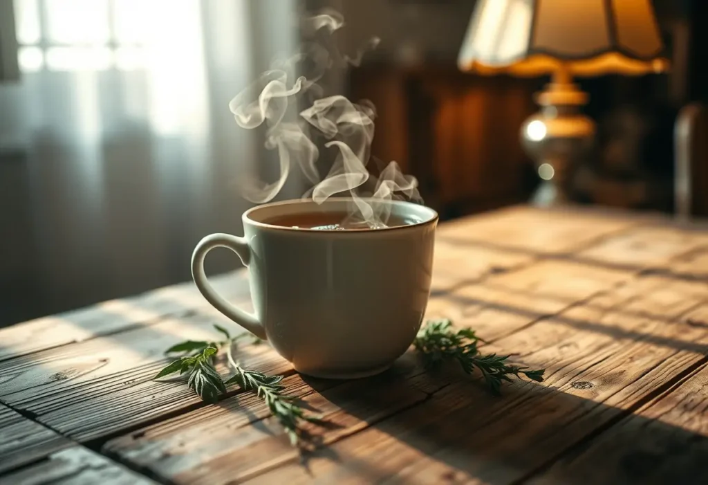 Une tasse remplie de thé herbeux fumant sur une table en bois rustique, représentant le confort et l'attention