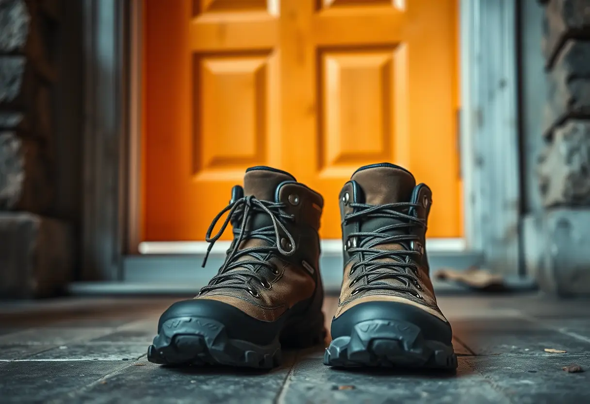 Une paire de chaussures de randonnée prêtes près d'un chambranle, symbolisant l'esprit d'aventure et de découverte