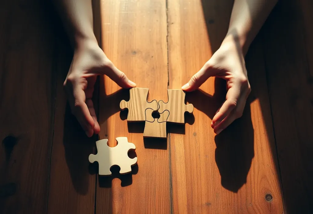 Des mains tenant un puzzle en bois sur une table de cuisine, éclairé par une lumière douce