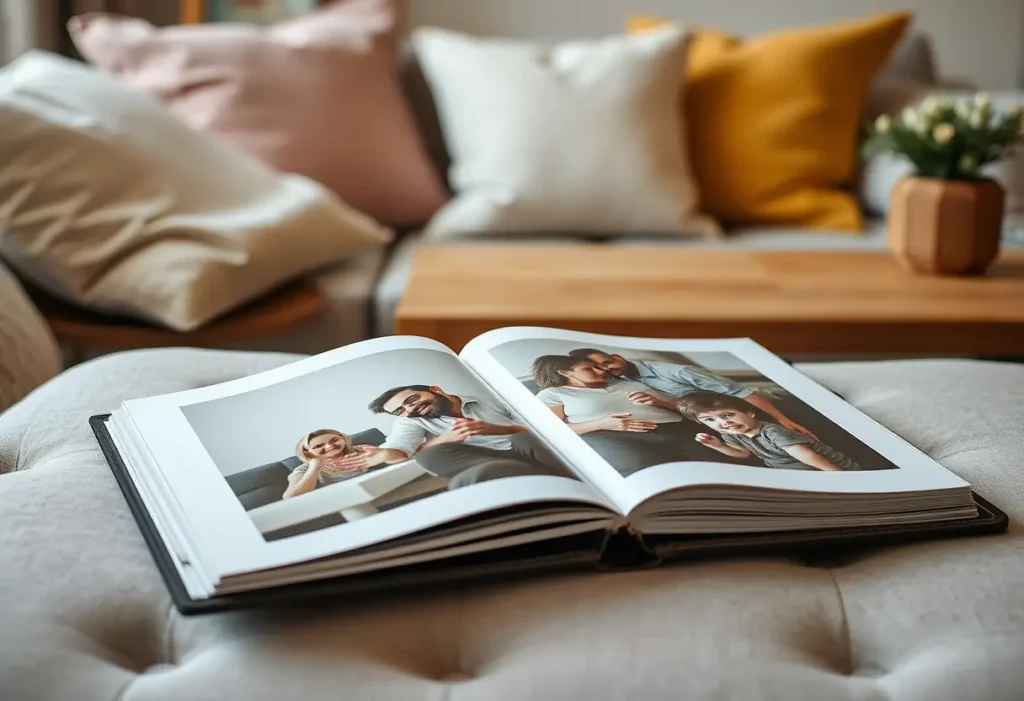 Un livre d'albums photos ouvert sur un canapé confortable, rappelant des souvenirs chers