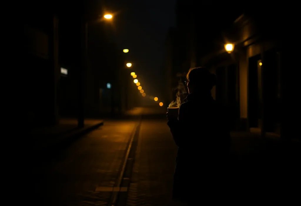 Silhouette d'une femme marchant seule avec une tasse de thé chaud, illustrant le temps de réflexion nécessaire