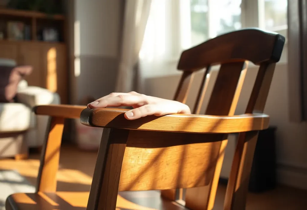 Un fauteuil en bois dans un salon accueillant, mains posées, symbolisant le confort et la détente.