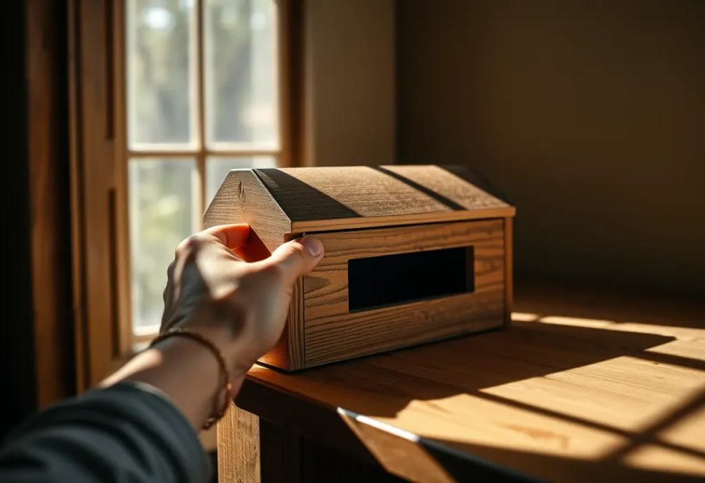 Une main tenant une boîte aux lettres en bois dans un rayon de soleil