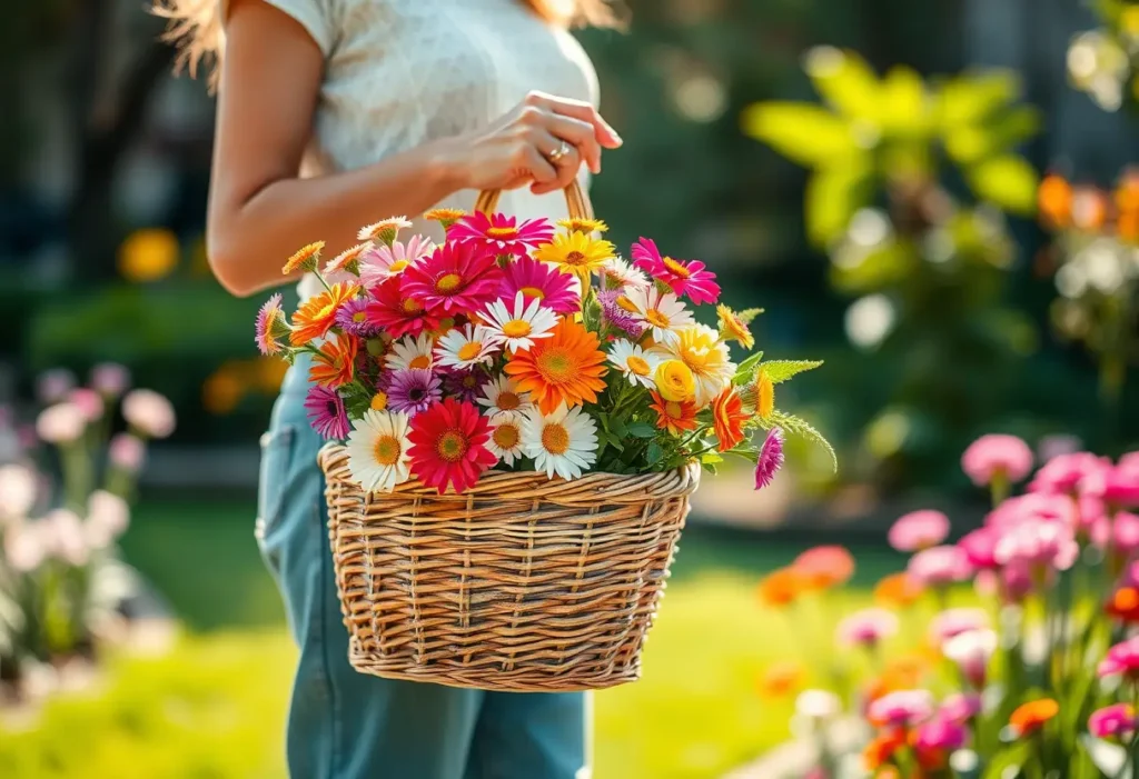 Une femme tient un panier tressé rempli de fleurs dans un jardin ensoleillé