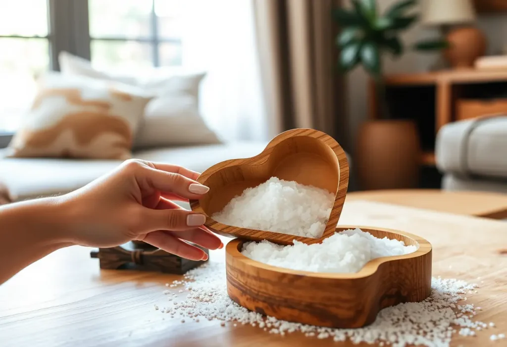 Une main féminine tient une boîte en bois contenant des sels de bain aromatiques, dans un salon accueillant.