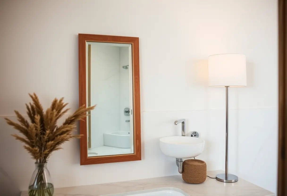 Un miroir encadré de bois reflète une salle de bains apaisante avec des sols et murs en marbre, symbolisant le bien-être personnel.