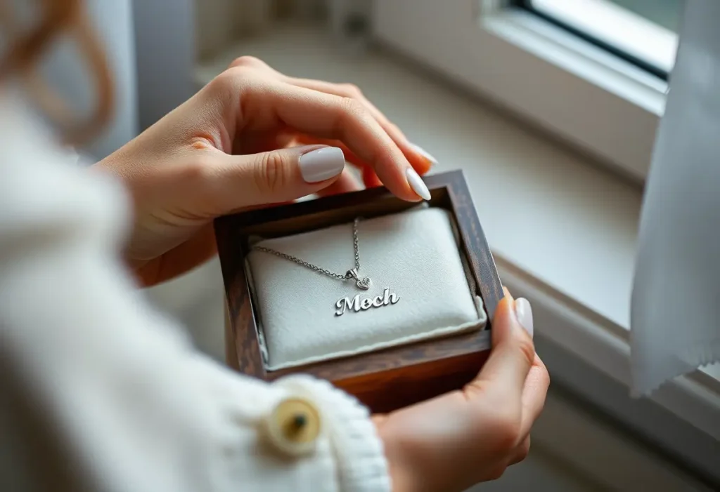 Main d'une femme posant délicatement un collier personnalisé en argent dans une boîte cadeau en bois, thème du bien-être et de l'acceptation de soi.