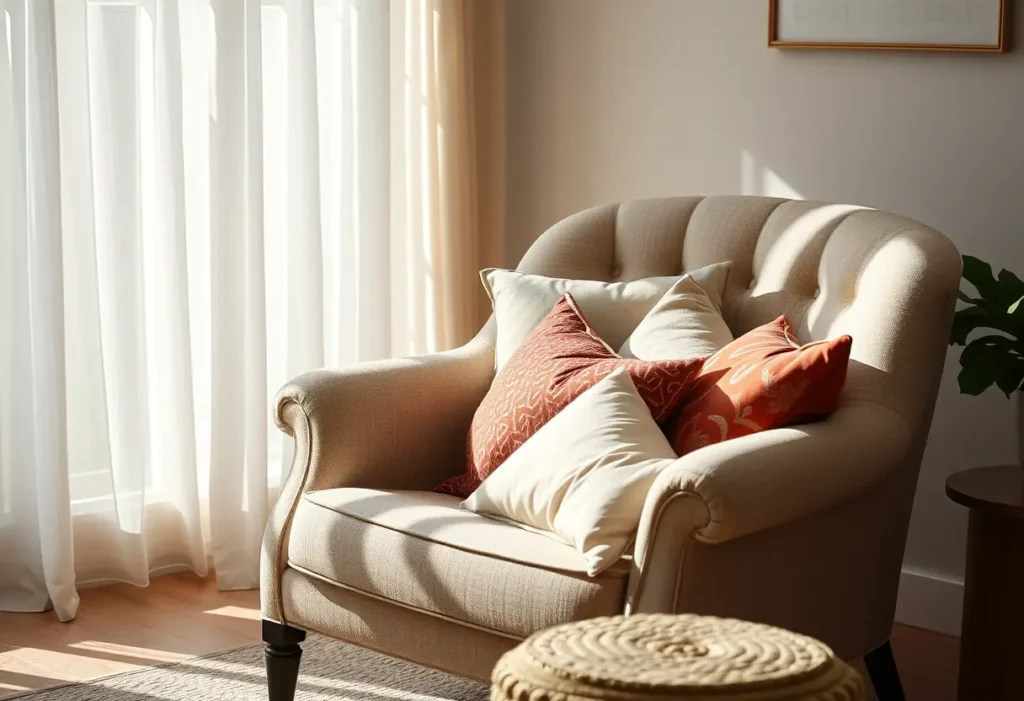 Un fauteuil moelleux dans une pièce lumineuse, représentant le bien-être et la détente.