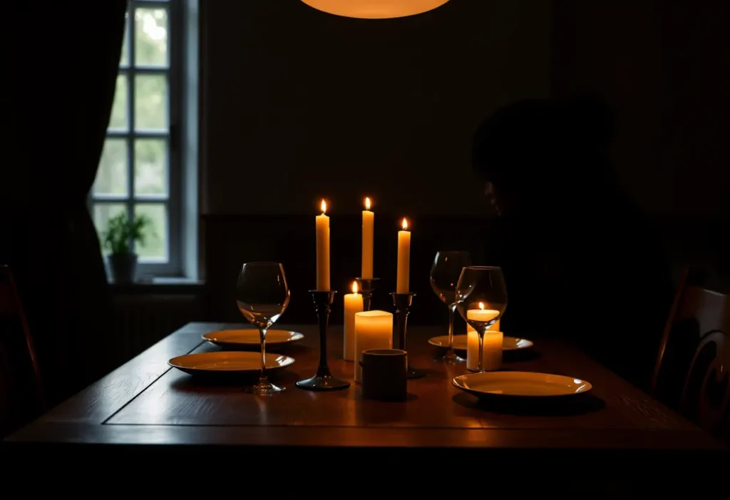 Un couple s'assied à une table de cuisine avec des bougies allumées