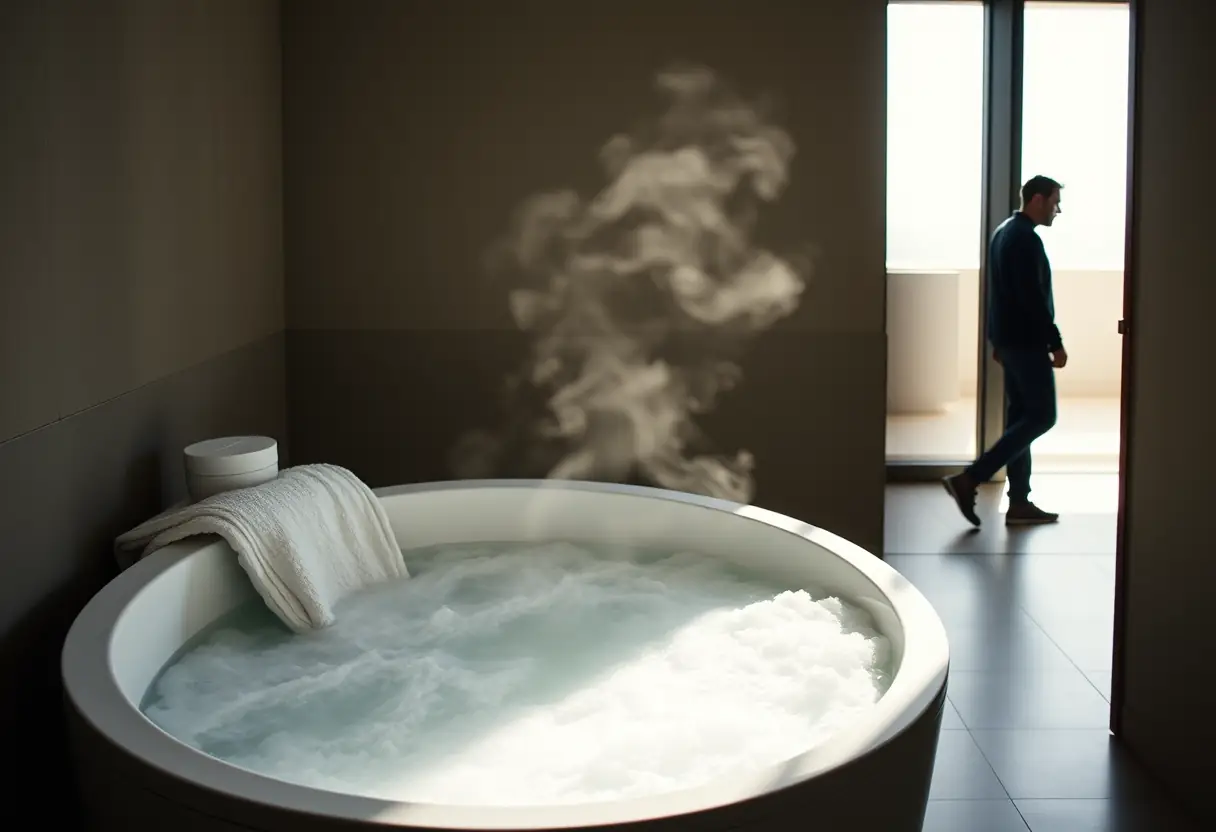 Un bain rempli d'eau chaude avec une serviette en arrière-plan