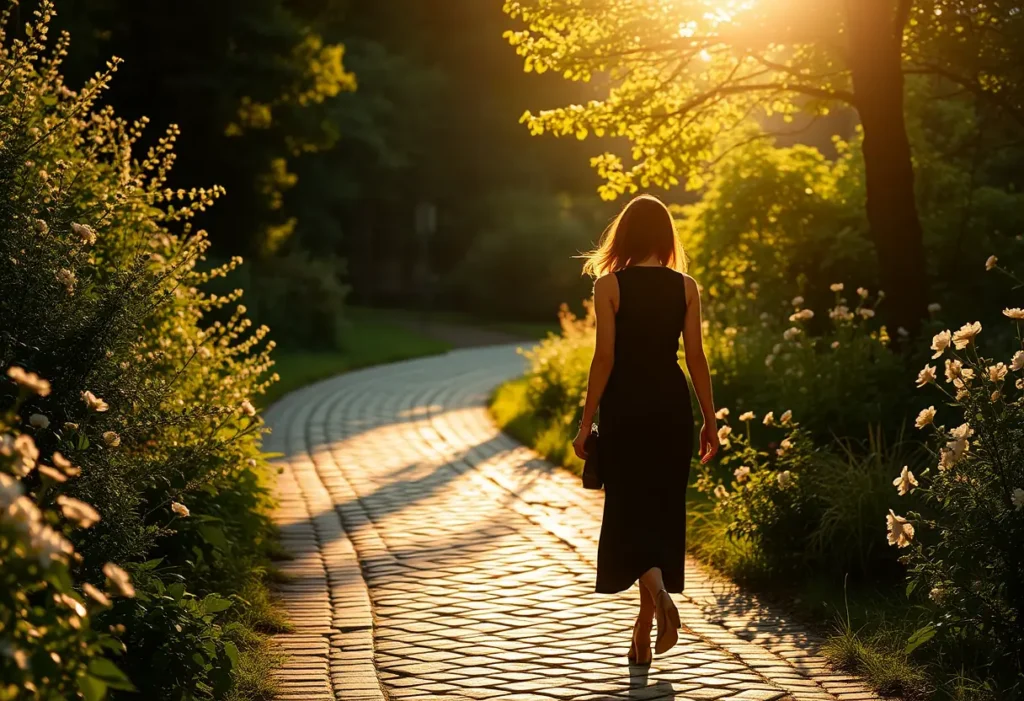Un profil flou d'une femme marchant sur un chemin pavé entouré de verdure