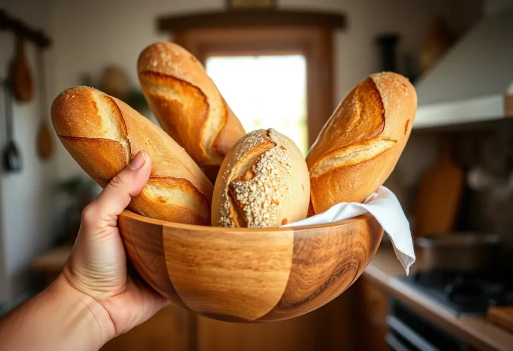 Une main tenant un bol en bois rempli de pains frais dans une cuisine rustique