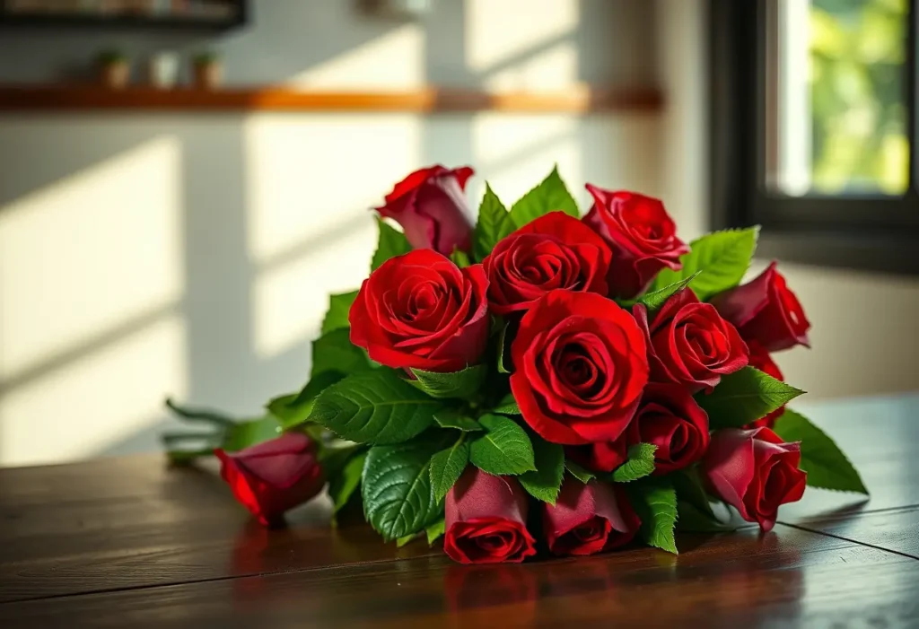 Un bouquet de roses rouges sur une table, éclairé par la lumière naturelle