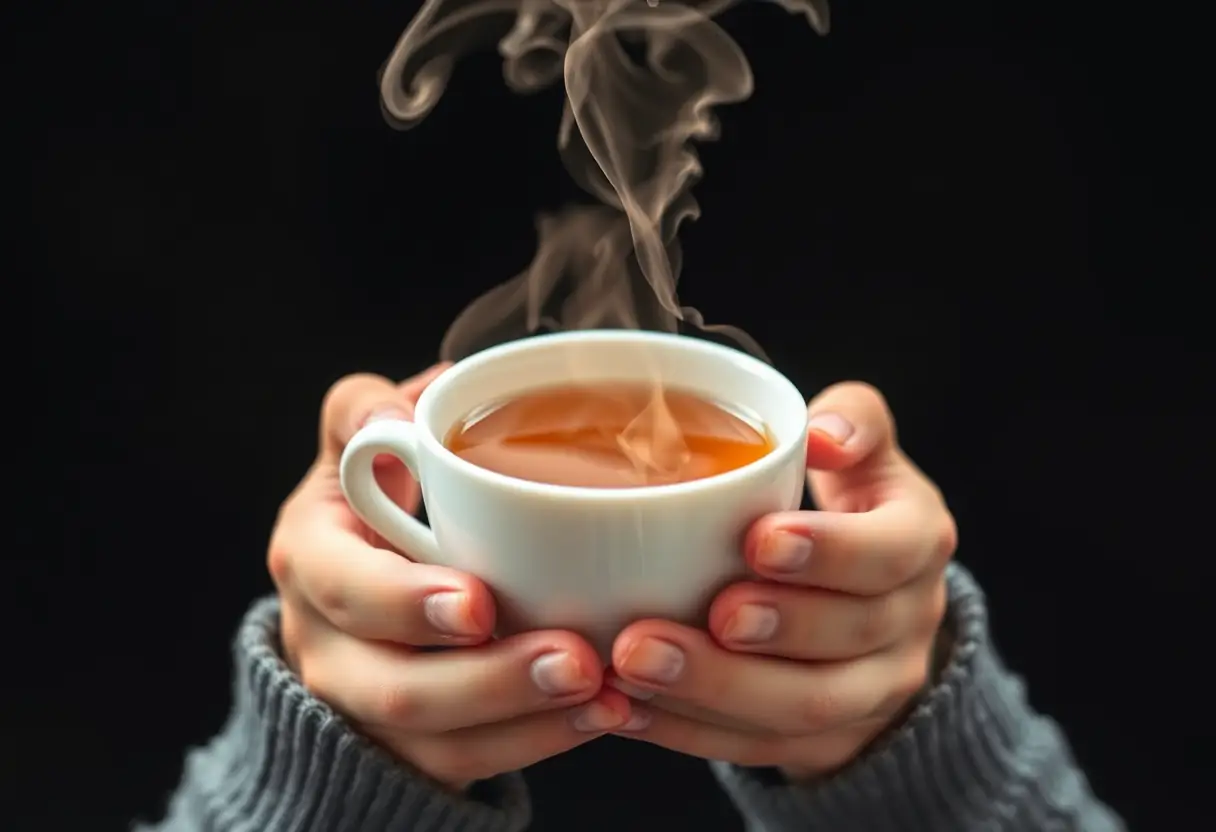 Des mains tenant une tasse de thé fumant, éclairée naturellement