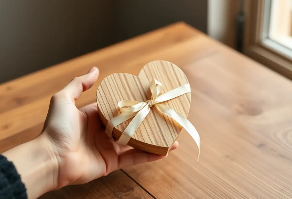Une main tenant une boîte en bois ornée d'un ruban, symbole d'amour et de bien-être