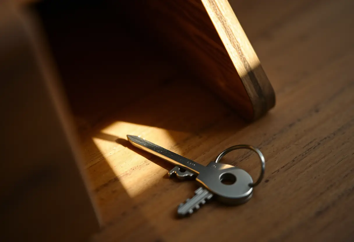 Une clé posée près d'un tiroir ouvert, symbole de découverte et de bien-être intérieur