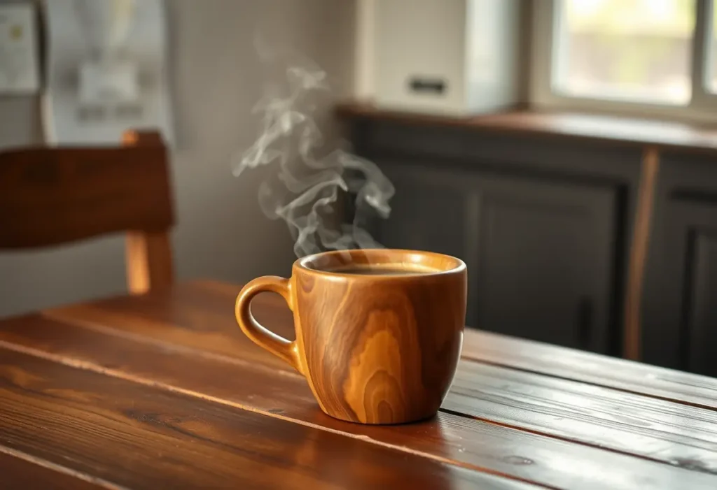 Un mug en bois posé sur une table rustique, éclairé par une douce lumière