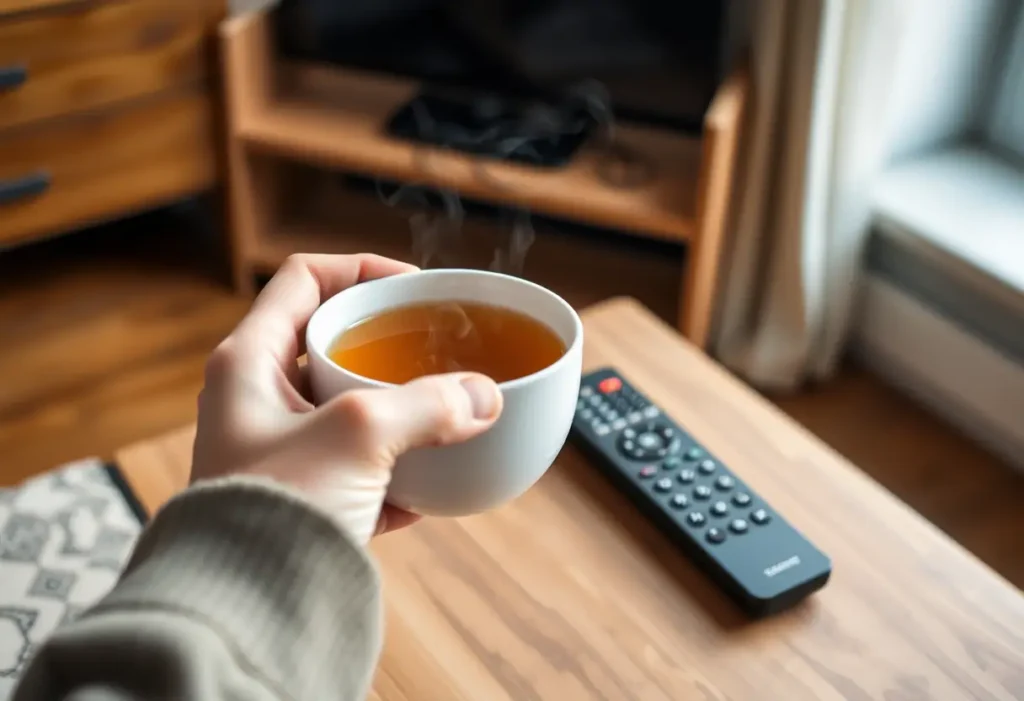 Une main tenant une tasse de thé herboriste sur une table basse en bois, créant une atmosphère chaleureuse et accueillante