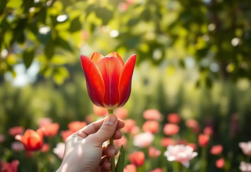 Une main tenant une tulipe rouge parmi des fleurs en fleurissement, lumière naturelle tamisée
