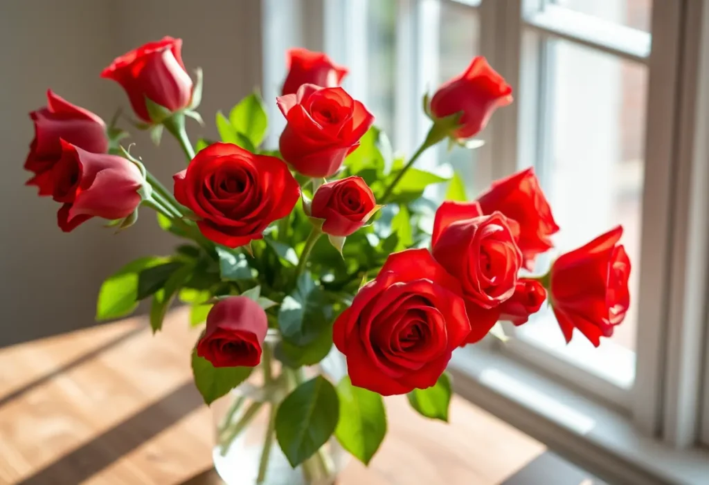 Un vase rempli de roses rouges épanouies sur une table en bois, lumière naturelle