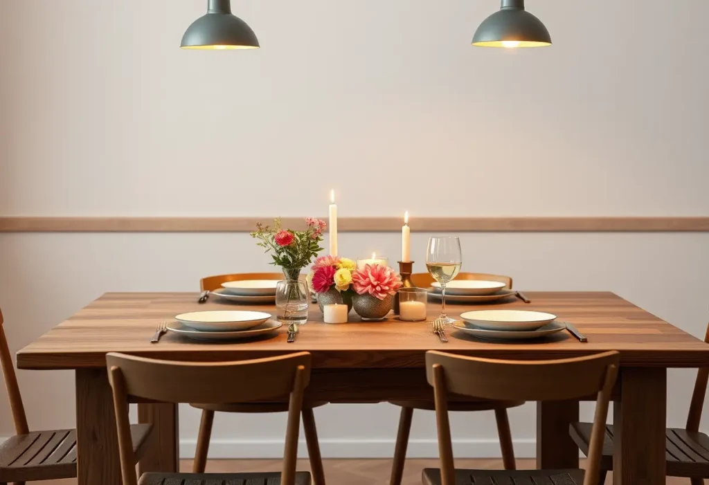 Table dressée pour deux personnes avec des bougies et des fleurs, ambiance intime et romantique