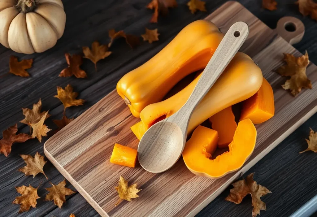Un cuillère en bois repose sur un plan de travail garni de courge butternut mûre, dans une cuisine accueillante.