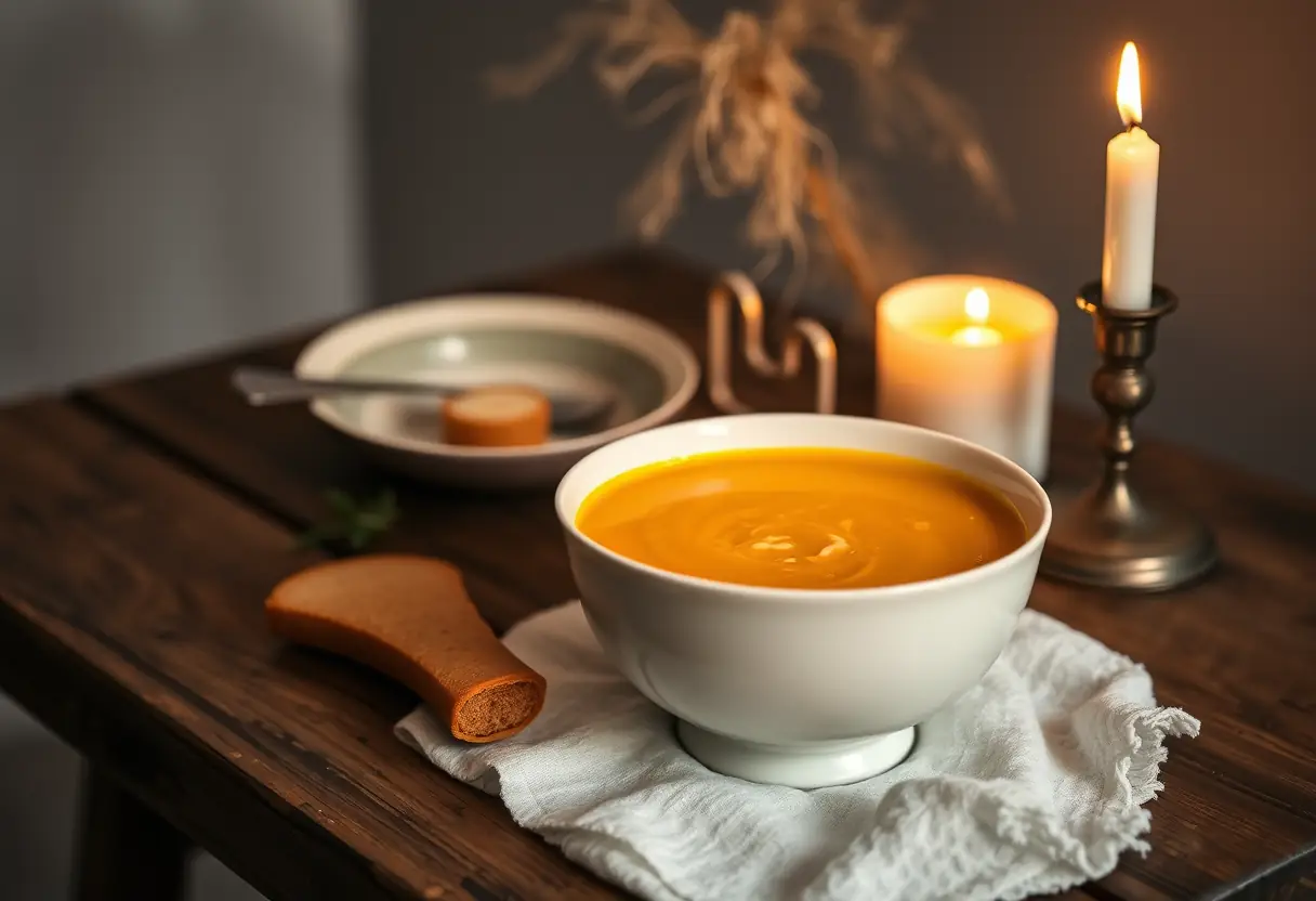 Une assiette fumante de velouté de butternut sur une table rustique éclairée par la lumière douce des bougies, créant une atmosphère chaleureuse.