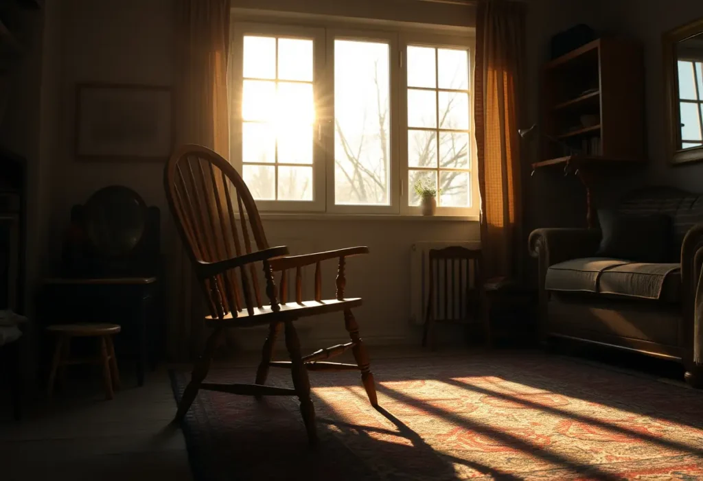 Un fauteuil en bois dans une pièce accueillante, éclairé par la lumière du soleil de l'après-midi.