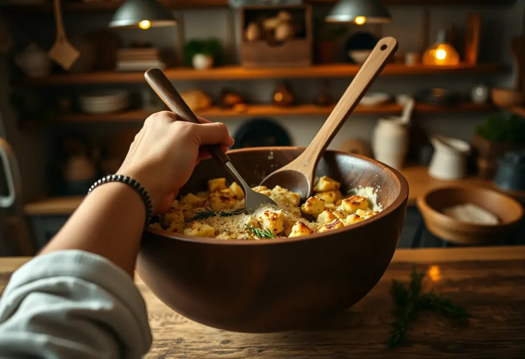 Une main qui remue délicatement un grand bol en bois dans une cuisine accueillante